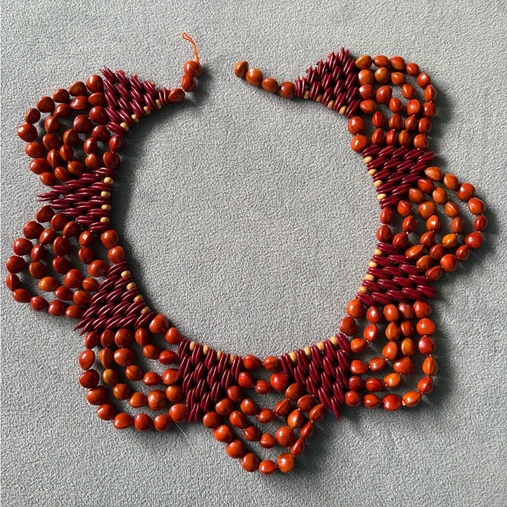 Unique New Red and Orange Beaded Necklace, Indigenous from Brazil